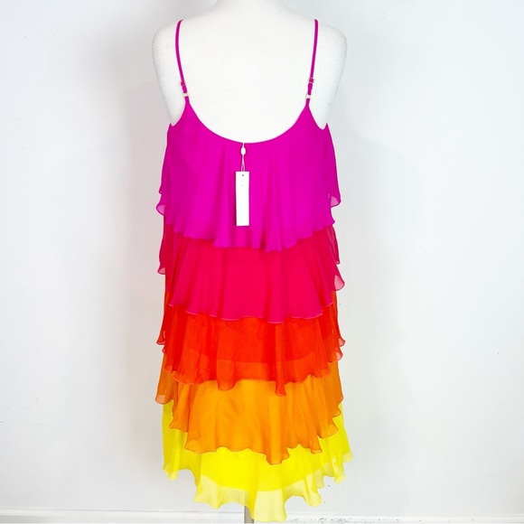 TRINA TURK SUNSHINE SILK TANK DRESS PINK YELLOW ORANGE RUFFLES TIERED MEDIUM - Picture 3 of 6
